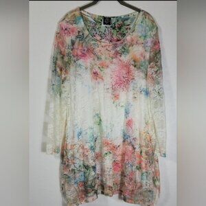 Vintage CalStyle Womens Sheer Lace Tunic Top Size XL Floral Whimsy Cottage Boho